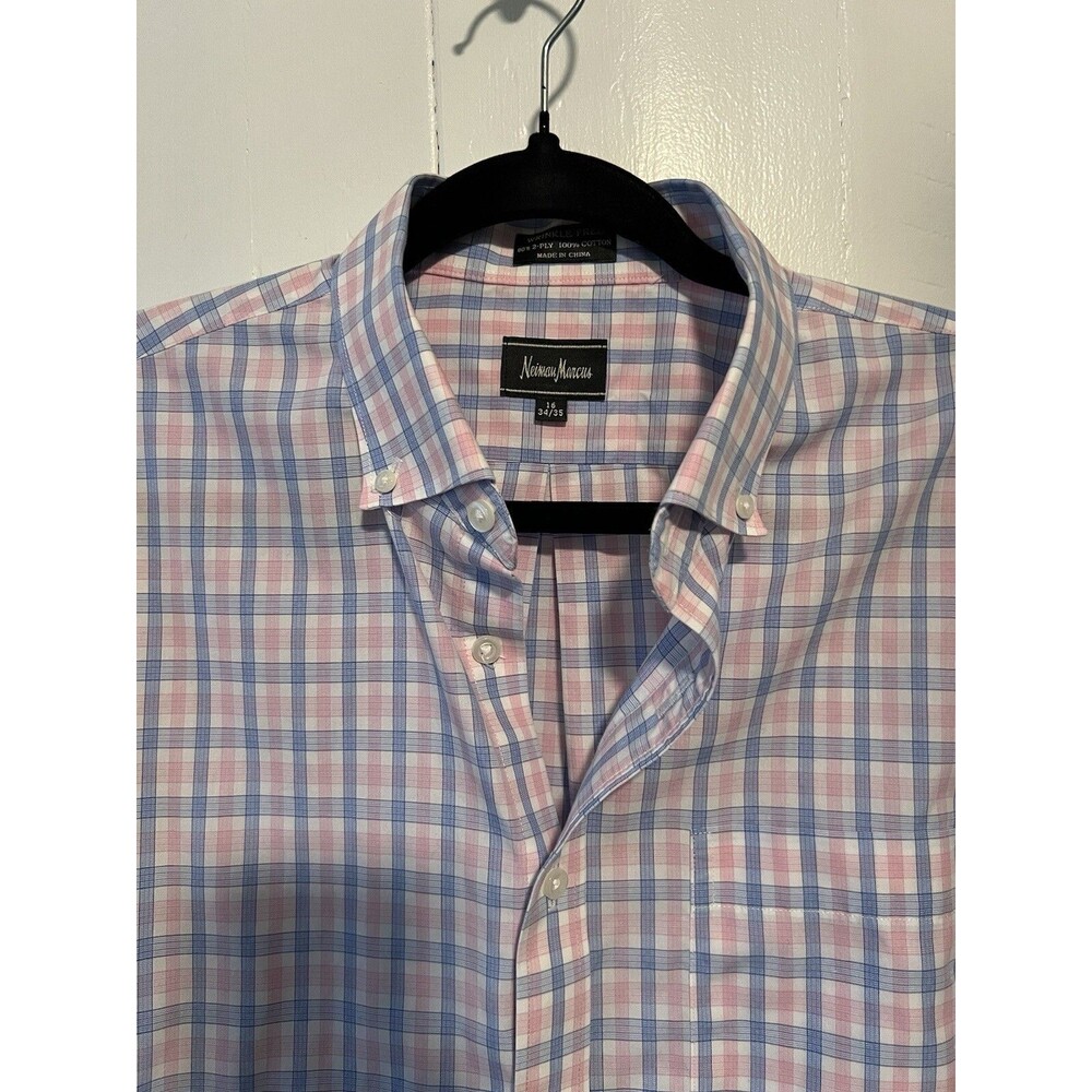 Neiman Marcus Shirt Mens Large Button Front Pink Blue Plaid Check
